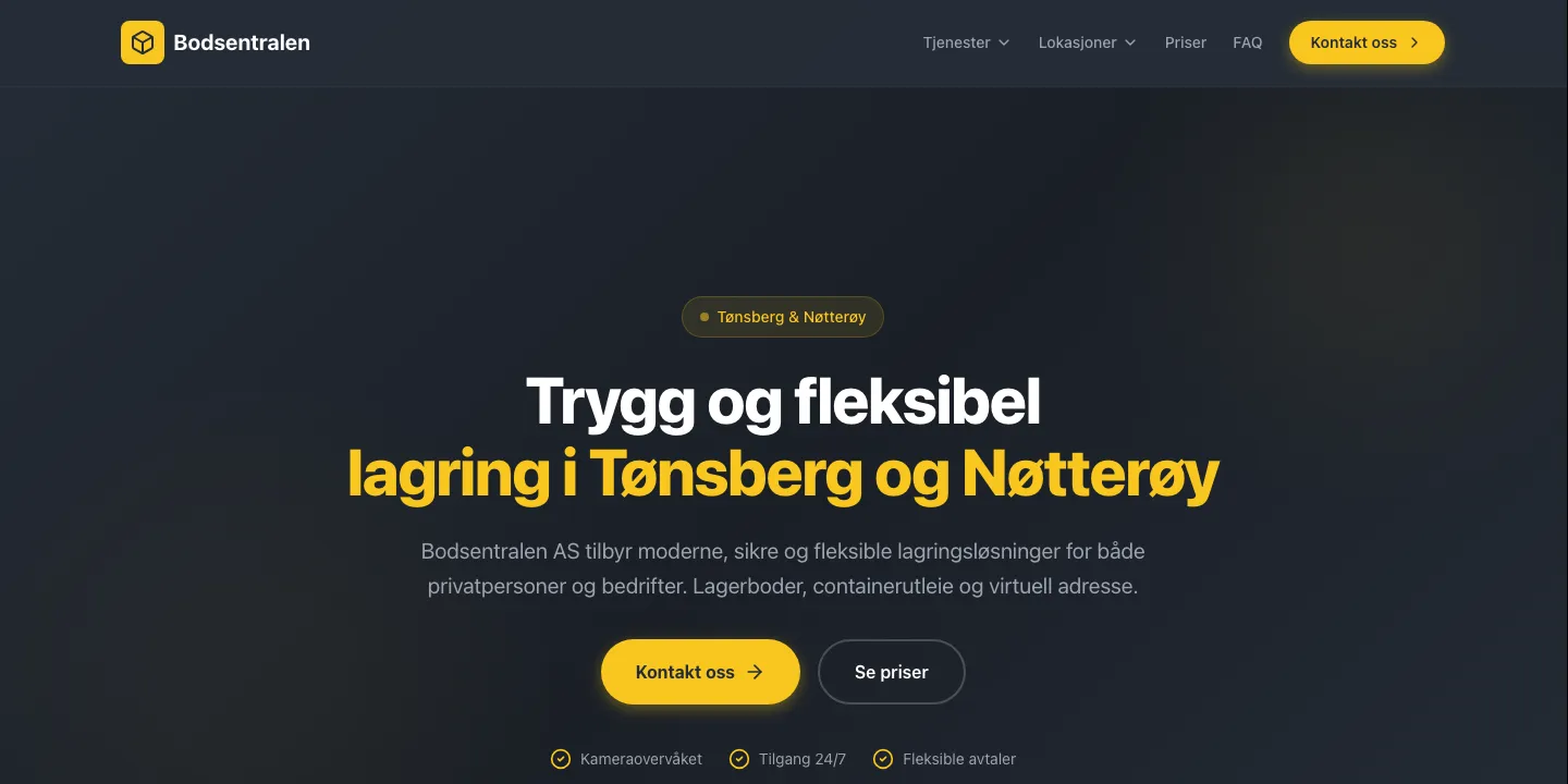 Forsiden til Bodsentralen med overskriften «Trygg og fleksibel lagring i Tønsberg og Nøtterøy»