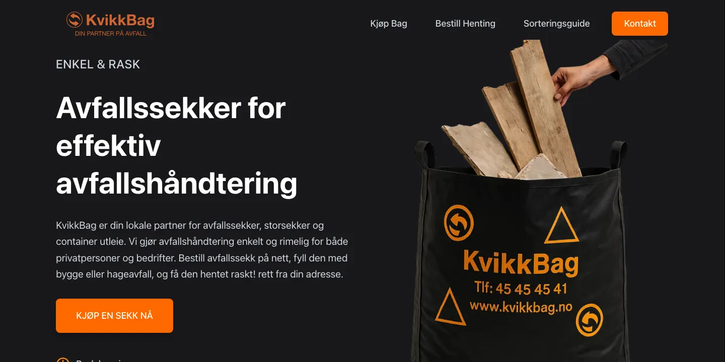 Forsiden til KvikkBag med overskriften «Avfallssekker for effektiv avfallshåndtering»