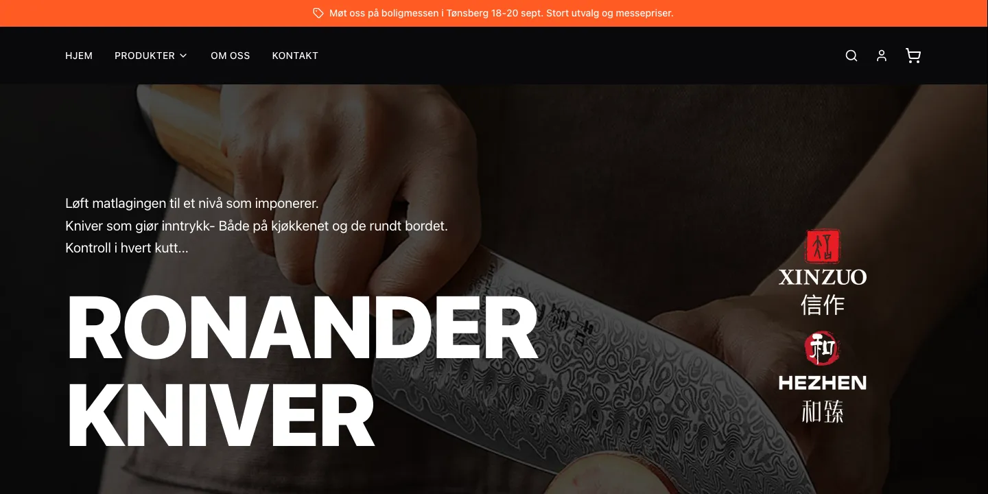 Forsiden til Ronander Kniver med en damaskuskniv og logoene til Xinzuo og Hezhen
